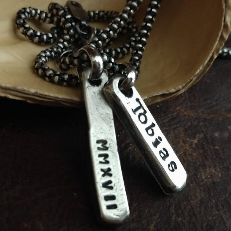 Mens personalized thick silver bar necklace