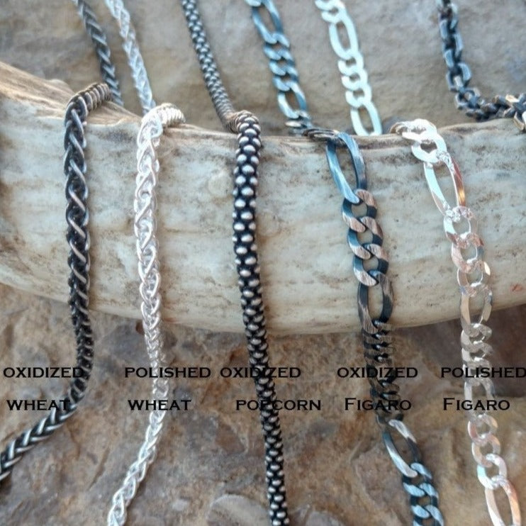 Mens 925 Sterling Silver Chains Oxidized Dark Or Polished Shiny . Wheat Chain. Popcorn Chain. Flat Figaro Chain.