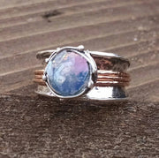 Roman Glass Spinner Ring Sterling Silver and Rose Gold Meditation Ring Worry Ring Unique with Raw Stone - Ella Joli