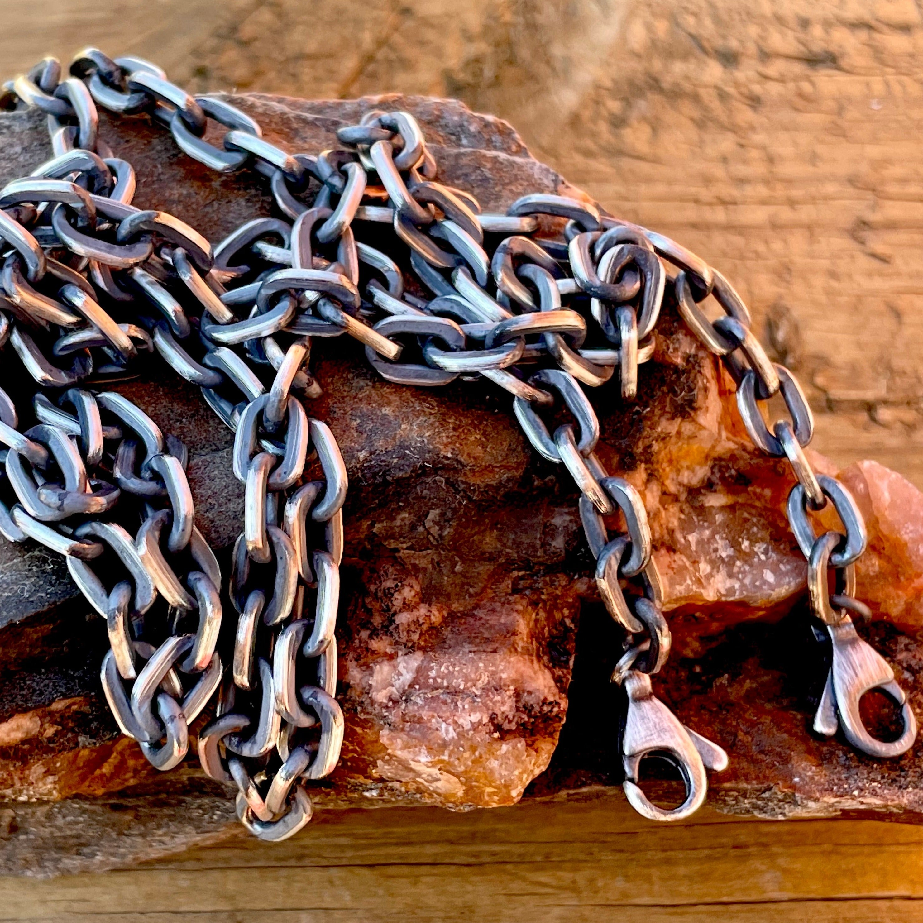 Mens heavy silver rustic oxidized solid 925 sterling silver flat cable chain with one or two clasps.. 6mmx8mm