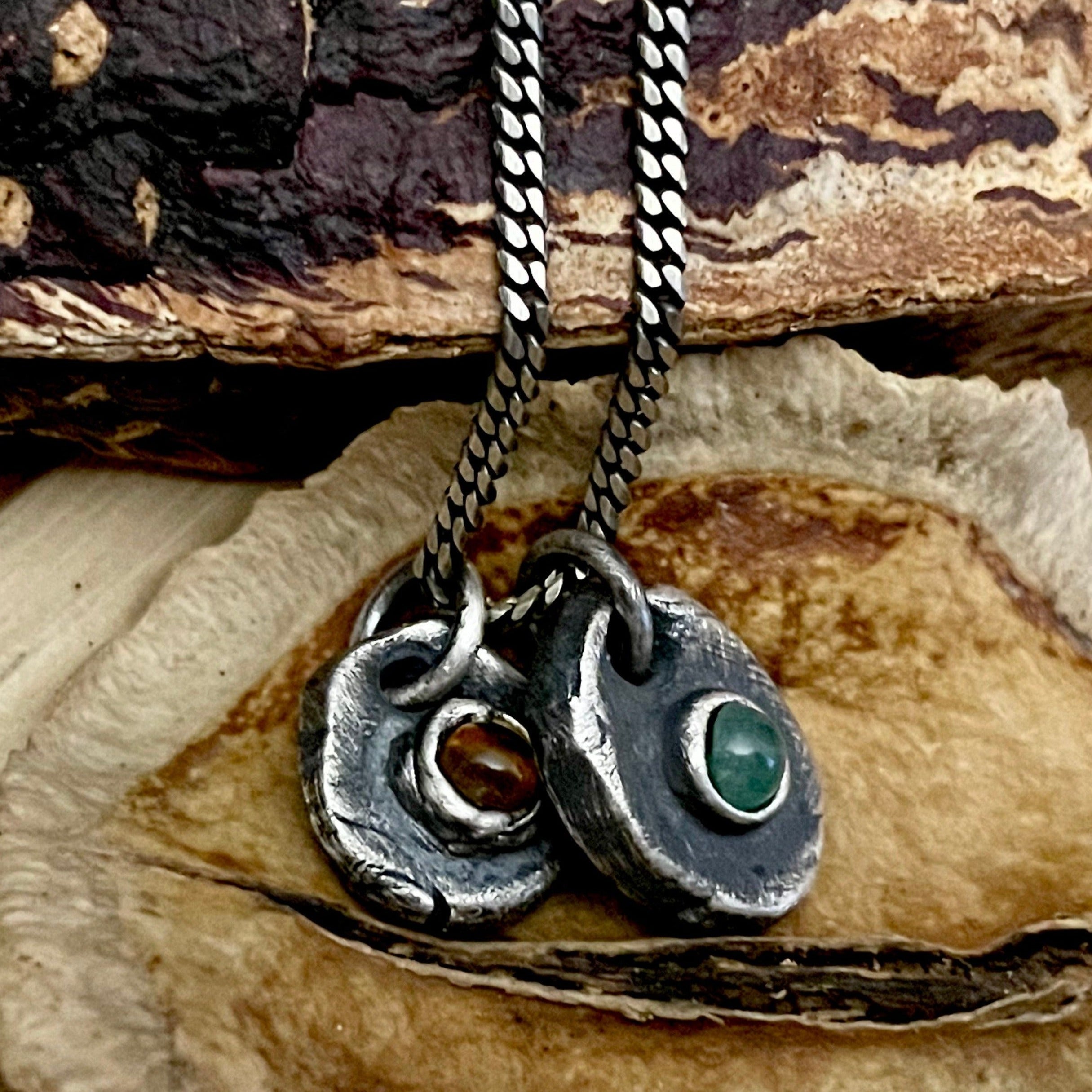 Oxidized Sterling Silver Natural Birthstone Gemstone Necklace for Men or Women on wood background
