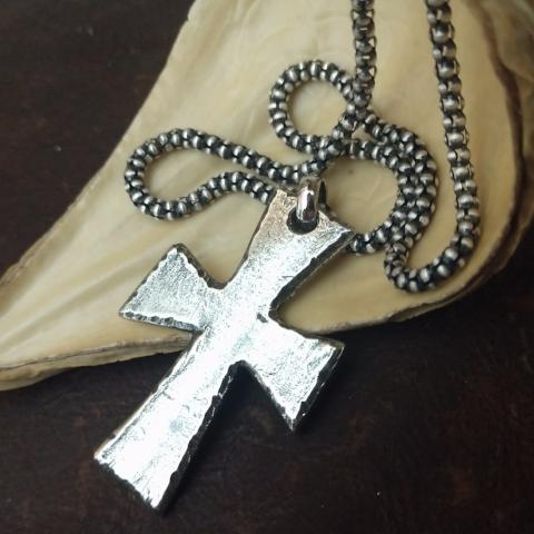 Chunky Sterling Silver Cross Pendant Necklace in Old world Medieval style approximately 1 3/4" tall. Handmade