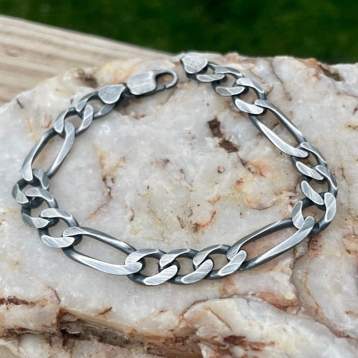 Silver Figaro Chain Necklace or Bracelet in polished silver, oxidized silver or black silver finish. 