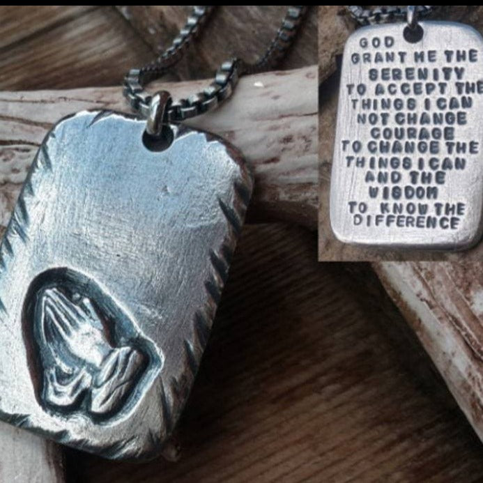 Custom Hand Forged Praying Hands Pendant . Folded hands carved into heavy sterling silver dog tag style 1.75 inch pendant.
