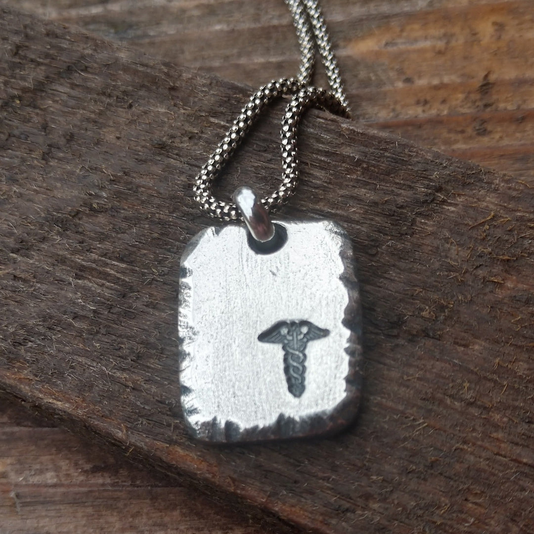 Mens medical alert pendant with engraved text in rustic sterling silver