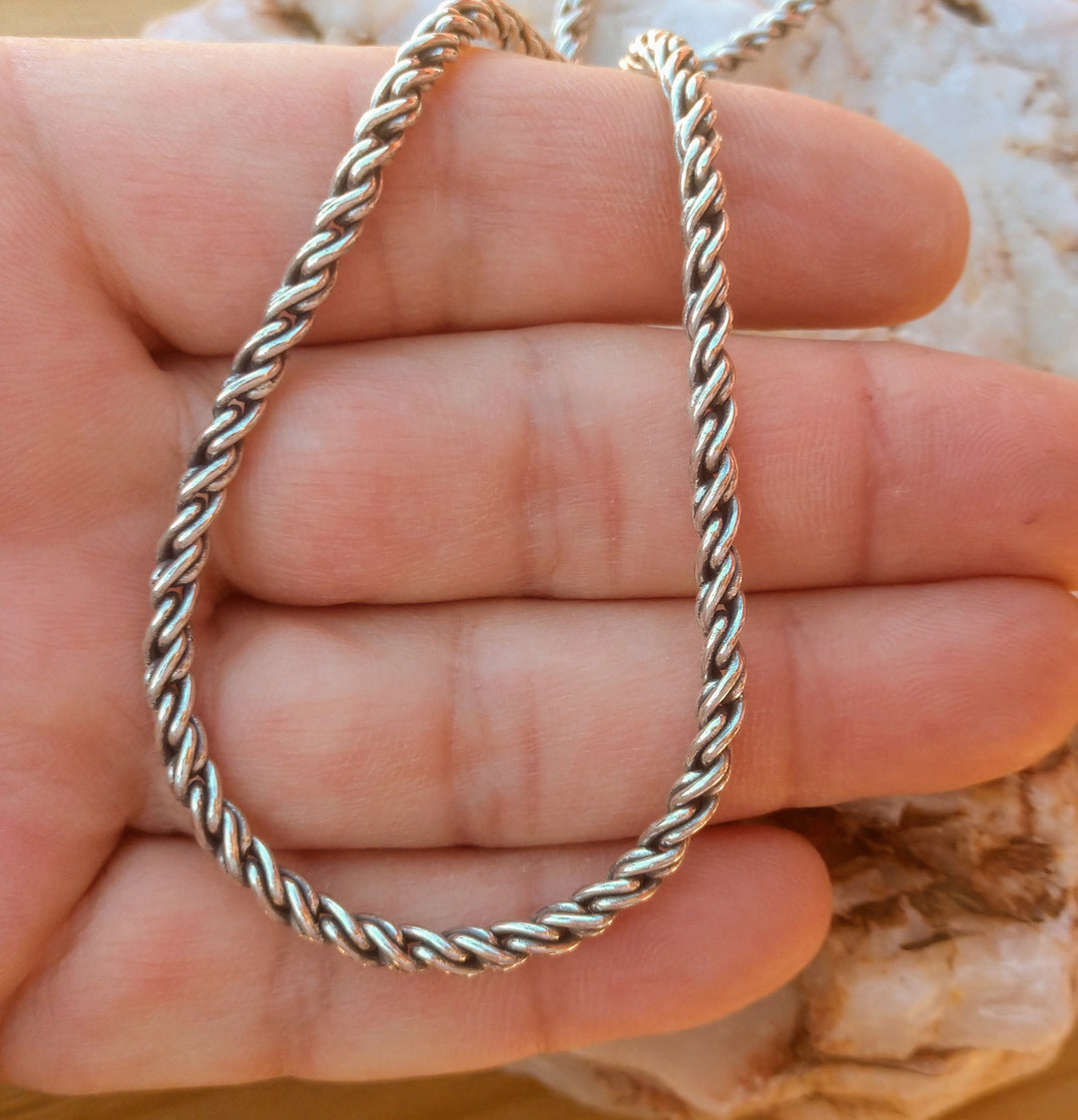 3.6mm oxidized reverse rope style chain necklace shown in hand