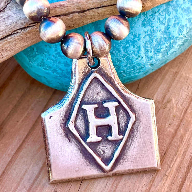 Custom Ranch Brand Pendant in Cow Ear Tag Shape. Solid, thick sterling silver 1.5 inch