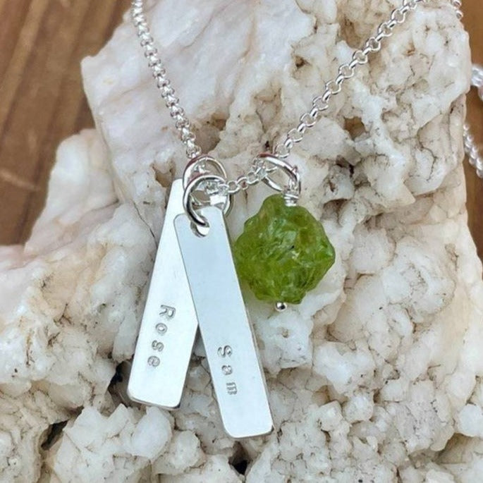 Personalized 925 Sterling Silver Bar Necklace with One Two or Three Names and Natural Mother's  Birthstone